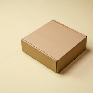 Simple cardboard box displayed on a neutral surface, ideal for product packaging visuals.
